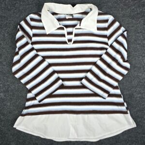 Vtg Anxiety Cafe Brown Blue Striped Long Sleeve Polo Shirt White Collar Size M